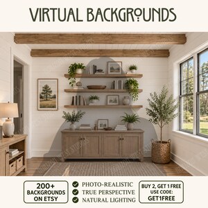 May include: A digital interior scene featuring a wooden console table, three floating shelves with books and plants, and a potted tree. The text VIRTUAL BACKGROUNDS appears at the top, with additional text regarding photo-realistic options.