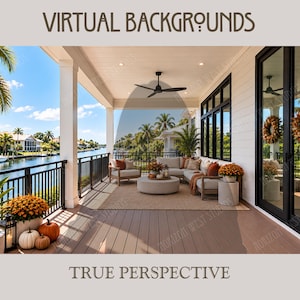 Könnte beinhalten: Ein digitales Bild mit der Aufschrift VIRTUAL BACKGROUNDS und TRUE PERSPECTIVE, das eine überdachte Außenterrasse mit einem Ecksofa, Sesseln, einem runden Couchtisch und einem Deckenventilator zeigt. Der Bereich ist mit orangefarbenen Chrysanthemen und Kürbissen dekoriert.