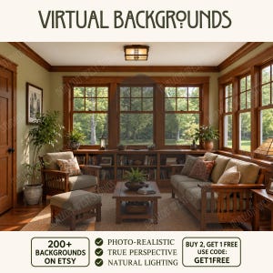May include: A digital image titled VIRTUAL BACKGROUNDS featuring a living room with wooden furniture, a sofa, an armchair, a coffee table, and a bookshelf under a window. Text includes 200+ BACKGROUNDS ON ETSY, PHOTO-REALISTIC, TRUE PERSPECTIVE, NATURAL LIGHTING, and BUY 2, GET 1 FREE USE CODE: GET1FREE.