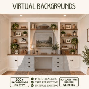 May include: A digital virtual background featuring a white built-in desk and shelving unit filled with books, potted plants, and decor. The text VIRTUAL BACKGROUNDS appears at the top, with additional text detailing 200+ options.