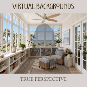 Könnte beinhalten: Ein virtueller Hintergrund eines Wintergartens mit dem Text VIRTUAL BACKGROUNDS und TRUE PERSPECTIVE. Der Raum hat weiße Wände, große Fenster mit Strandblick, einen Korbsessel mit Hocker, eingebaute Bücherregale und einen Deckenventilator.