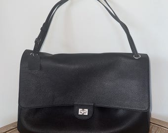 Cowhide Leather Soft Flap Shoulder Bag, Large Tote, Silver Turn-Lock Closure