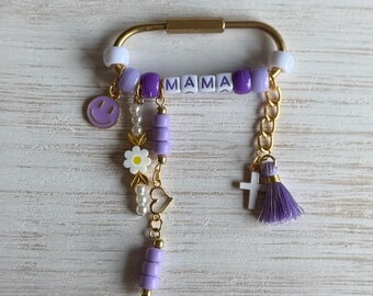 Lavender Dream Mama Bag Charm • Custom Name Beaded Bag Charm • Purple MAMA Keychain with Tassel Cross Smiley & Daisy • Personalized Charm