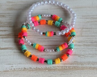 Neon Daydream Stacker Set • Bright Neon Heishi Bracelet Stack • Pearl Beaded Bracelet Set • Tropical Summer Clay Disc Bracelets