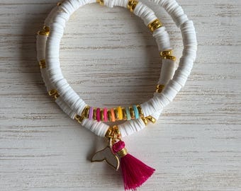 Sun-Kissed Mermaid Stacker Set • Whale Tail Charm White Heishi Bracelet Stack • Gold and Rainbow Accent Clay Bead Bracelets • Coastal Tassel