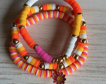 Summer Vibes Stacker Set • Pink Daisy Charm Heishi Bracelet Stack • Orange Yellow and White Clay Bead Bracelets • Bright Summer Tropical