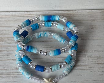Coastal Waves Stacker Set • Blue Heishi Bead Bracelet Stack with Starfish Charm • Beach Aesthetic Clay Disc Pearl Jewelry Gift