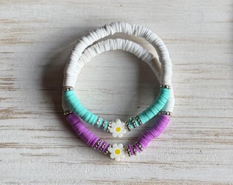 Berry Mint Daisy Stacker Set • Daisy Flower Charm Heishi Bracelet Stack • Teal Purple and White Clay Bead Bracelets • Silver Spacer Accent