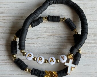 Power of Prayer Stacker Set • Pray Letter Bead Christian Bracelet Stack • Cross Charm Scripture Jewelry Set • Black Clay Heishi and Gold