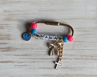 Preppy Mama Bag Charm • Mama Bag Charm • Personalized Coquette Bow Keychain • Cross Purse Charm • Hot Pink Blue Diaper Bag Accessory