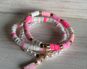 Pink Sands Stacker Set • Starfish Charm Pink Heishi Bracelet Stack • Gold and Pearl Accent Clay Bead Bracelets • Coastal Tassel Summer Beach