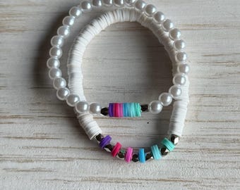 Tidal Wave Stacker Set • White Heishi Bracelet Stack • Pearl Bracelet Set • Bright Pastel Colorful Accent • Clay Disc Bracelets Minimalist
