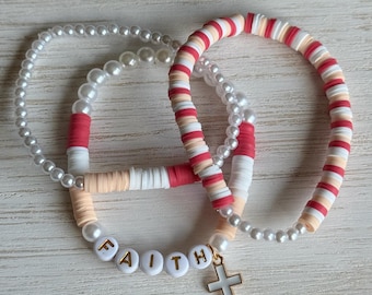 Faithful Grace Stacker Set • Faith Christian Letter Bead Bracelet Stack • Cross Charm Scripture Jewelry Set • Neutral Pink and Faux Pearl