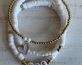 Mrs. Forever Bridal Stacker Set • Bride Bracelet Stack • White & Gold Beaded Bracelets • Bridal Shower Gift • Wedding Jewelry • Bride to Be