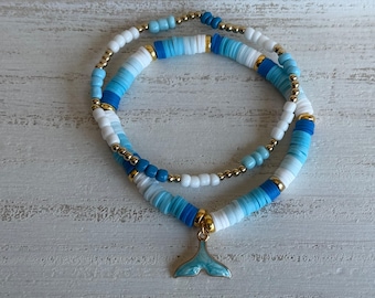 Mermaid’s Wake Stacker Set • Handmade Beach Bracelet Stack • Blue Polymer Clay Bead Bracelets • Mermaid Tail Charm • Coastal Summer Jewelry