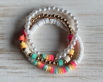 Citrus & Seafoam Stacker Set • Tropical Rainbow Heishi Bracelet Stack • Pearl Beaded Bracelet Set • Bright Summer Clay Disc Bracelets