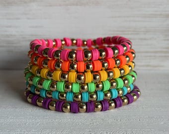 Electric Rainbow Stacker Set • Neon Rainbow Heishi Bracelet Stack • Colorful Polymer Clay Bead Bracelets with Gold Accents • Summer Stack