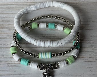 Mint Blossom Stacker Set • Heishi Bead Bracelet Stack • Mint Green White and Silver Bracelet Set • Floral Charm Bracelet • Beachy Preppy
