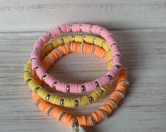 Seashell Sorbet Stacker Set • Handmade Beach Bracelet Stack • Pink Yellow Coral Clay Bead Bracelets • Cowrie Shell Bracelet • Summer Jewelry