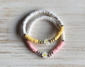 Pink Lemonade Daisy Stacker Set • Daisy Flower Charm Heishi Bracelet Stack • Pastel Pink and Yellow Clay Bead Bracelets • Silver Spacer