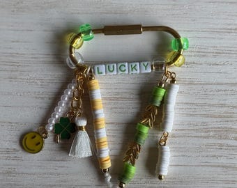 Feeling Lucky Bag Charm • Lucky Bag Charm • St Patricks Day Keychain • Four Leaf Clover Purse Charm • Green Gold Beaded Diaper Bag Accessory