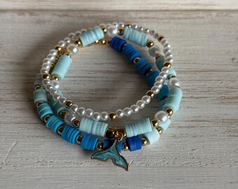 Ocean Whisper Stacker Set • Whale Tail Clay Bead Bracelet Stack • Ocean Theme Pearl and Heishi Bracelets • Coastal Aesthetic Jewelry Set