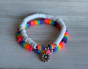 Rainbow Daisy Stacker Set • Daisy Charm Rainbow Heishi Bracelet Stack • Colorful Clay Bead Bracelets with Silver Accents