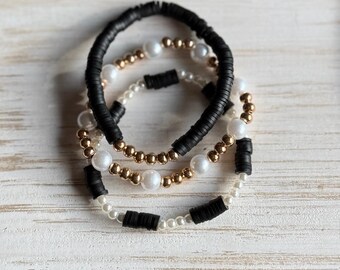Elegant Black & Gold Stacker Set • Black and Gold Heishi Bracelet Stack • Pearl Beaded Bracelet Set • Elegant Polymer Clay Disc Bracelets