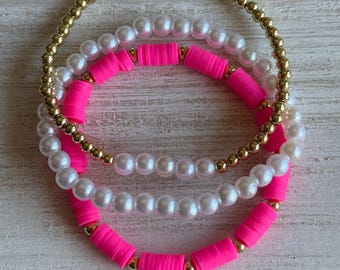 Bubblegum Bliss Stacker Set • Hot Pink Clay Bead Bracelet Stack • Faux Pearl Stacking Bracelets with Gold Beads • Preppy Coquette Aesthetic