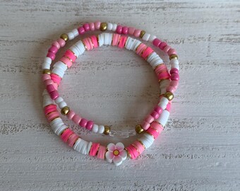 Blushing Bloom Stacker Bracelet Set • Pink & White Daisy Polymer Clay Bead Bracelets • Handmade Boho Stretch Bracelet Set • Floral Gift