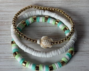 Sea Glass Turtle Stacker Set • Mint and White Heishi Bead Bracelets • Coastal Preppy Jewelry Set • Ocean Theme Gift for Her • Summer Stack