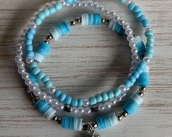Summer Blues Stacker Bracelet Set • Blue & White Heishi Bead Bracelets • Coastal Cowrie Shell Bracelet • Beach Jewelry Gift for Women