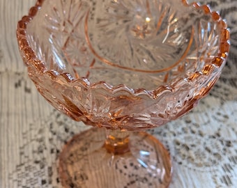 Vintage Pink Depression Glass Pedestal Compote Bowl featuring Sawtooth Edge and Pinwheel Starburst Pattern