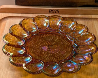 Vintage Indiana Glass Amber Carnival Deviled Egg Platter | Iridescent Hobnail | 1970s Glassware