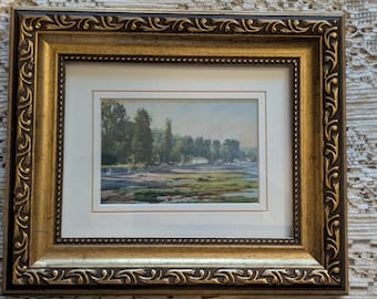 Pair of Vintage Miniature Framed Art | Landscape & European Street Scene Prints | Ornate Gold Frames