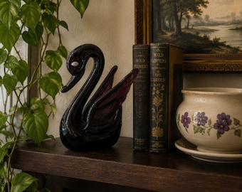Vintage Mid Century Modern - black hand blown glass swan