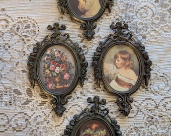 Vintage Ornate Oval Frames with Floral, Child Prints | Italian Metal Wall Art
