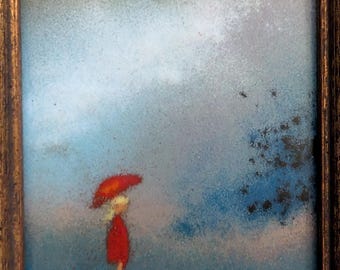 Max Karp Original Enamel on Copper Paining | Framed Signed Miniature Red Umbrella