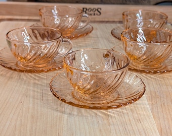 Vintage Arcoroc Rosaline Pink Glass Cups and Saucers, Set of 5