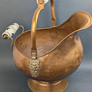 Vintage Copper Coal Scuttle with Blue & White Ceramic Handles and Lion Mask Detail
