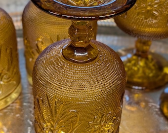 Vintage Tiara Amber Glass Goblets in the Indiana Pressed Sandwich Pattern - Set of 5