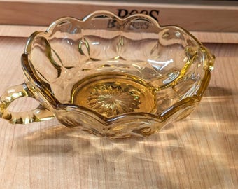 Vintage Anchor Hocking Fairfield Amber Glass Bowl | 1970s Scalloped Double Handle Candy Dish