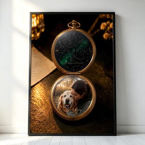 Ritratto personalizzato di animale domestico, regalo ricordo personalizzato con mappa stellare, decorazione murale in stile orologio da tasca vintage