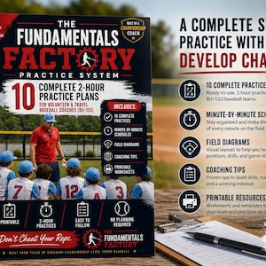 Könnte beinhalten: Ein spiralgebundenes Buch mit dem Titel The Fundamentals Factory Practice System, das einen Baseballtrainer und junge Spieler zeigt. Der Text enthält 10 komplette 2-stündige Trainingspläne sowie Tipps für das Coaching.