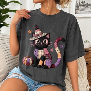 Halloween Cat PNG | Fall Patchwork Embroidery | Black Cat DTF Design
