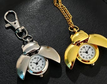 Vintage Beetle Quartz Clock Pendant: Ladybug Shaped Mini Pocket Watch Necklace, Unique Insect Jewelry Gift For Him