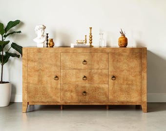 Burl Wood Sideboard Cabinet, Mid Century Buffet Storage, Drawers, Adjustable Shelves