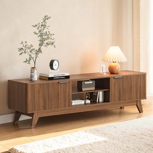 Mid Century Modern TV Stand, Wave Doors, Media Console Cabinet, Charging Station