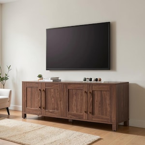 Transitional TV Stand, Four Doors, Media Console, Adjustable Shelves, Cable Management