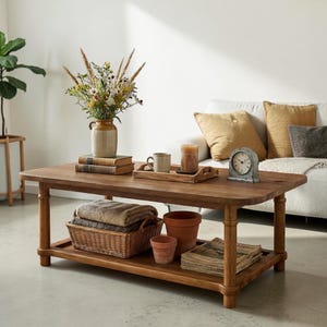 May include: A rectangular wooden coffee table with a lower shelf. The top holds a ceramic vase with dried flowers, two stacked books, a wooden tray with a mug and candle, and a clock. The lower shelf contains a wicker basket with textiles, two terracotta pots, and a stack of magazines.